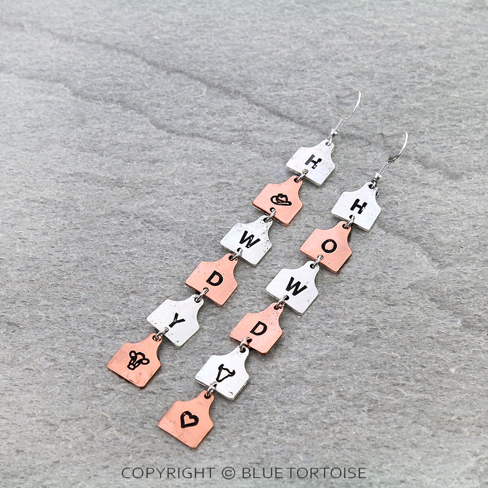 "HOWDY" Ear Tag Drop Dangle Earrings