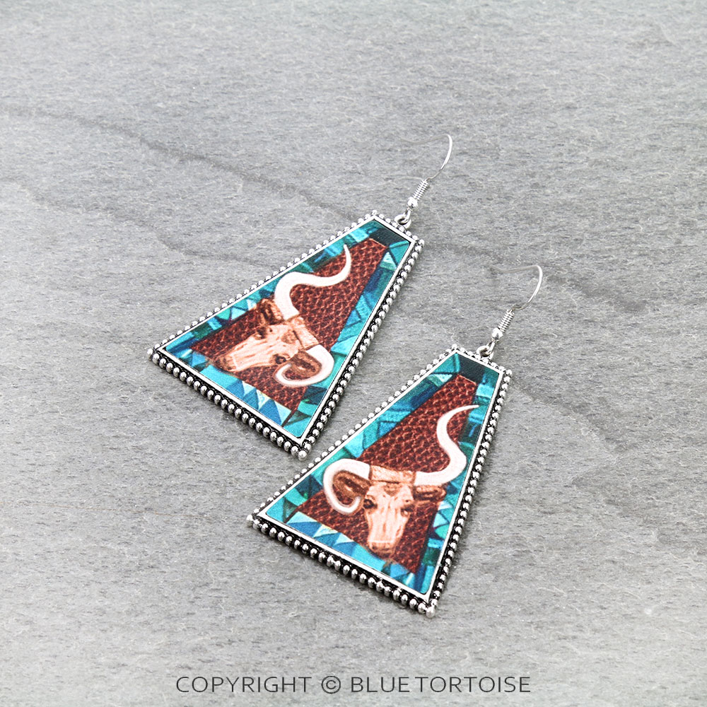 Western Steer Head Printed Leather Dangle Earrings