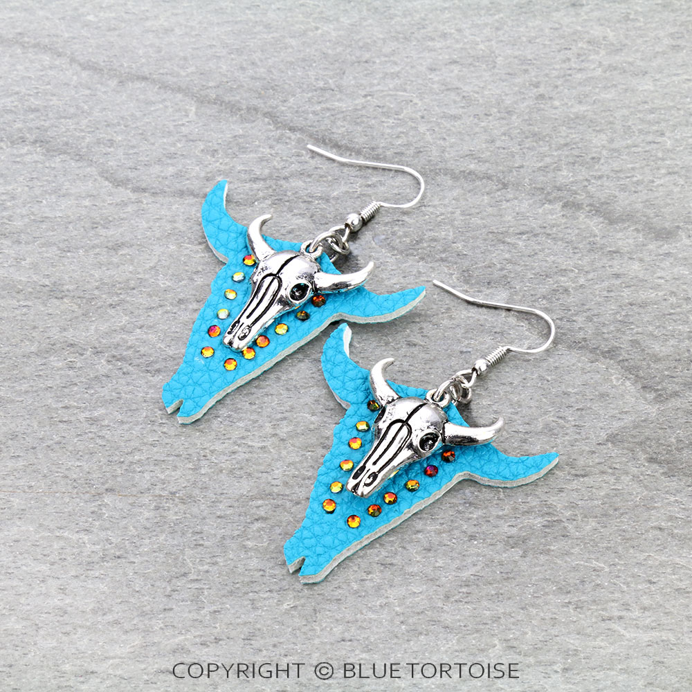 Western Steer Skull with Leather Dangle Earrings