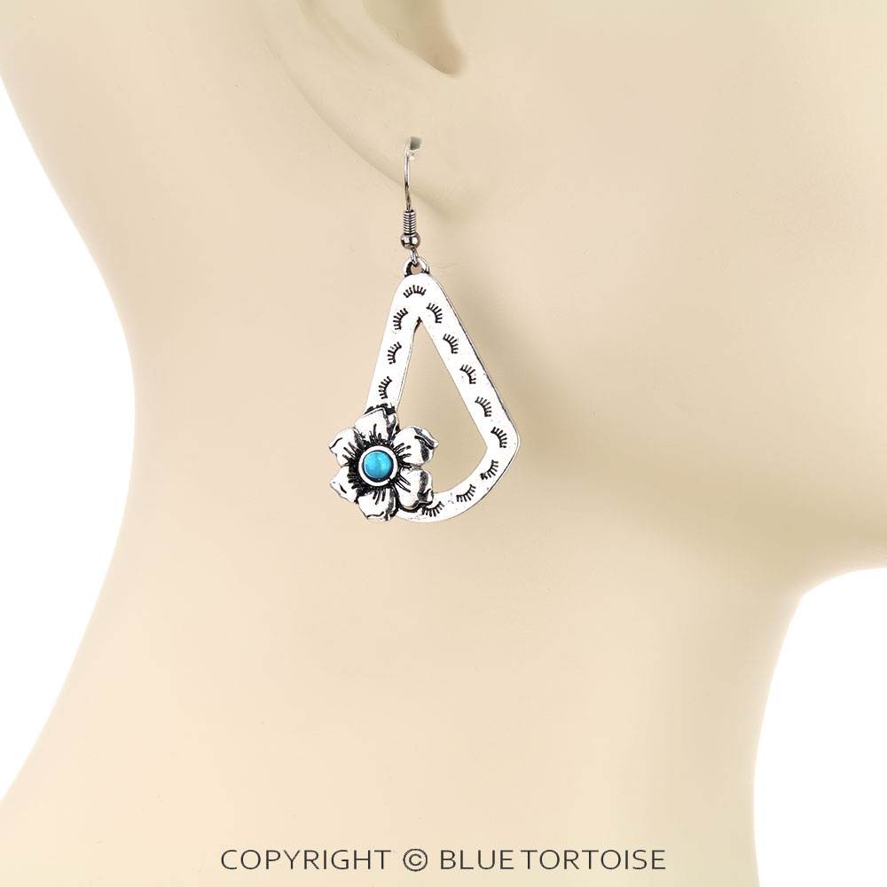 Western Textured with Flower Dangle Earrings - Image 2