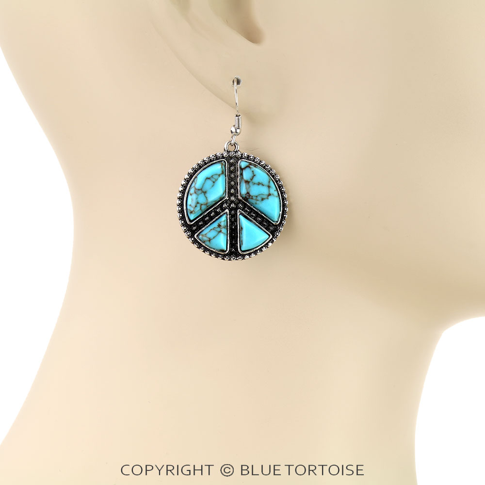 Western Peace Sign Stone Dangle Earrings - Image 2