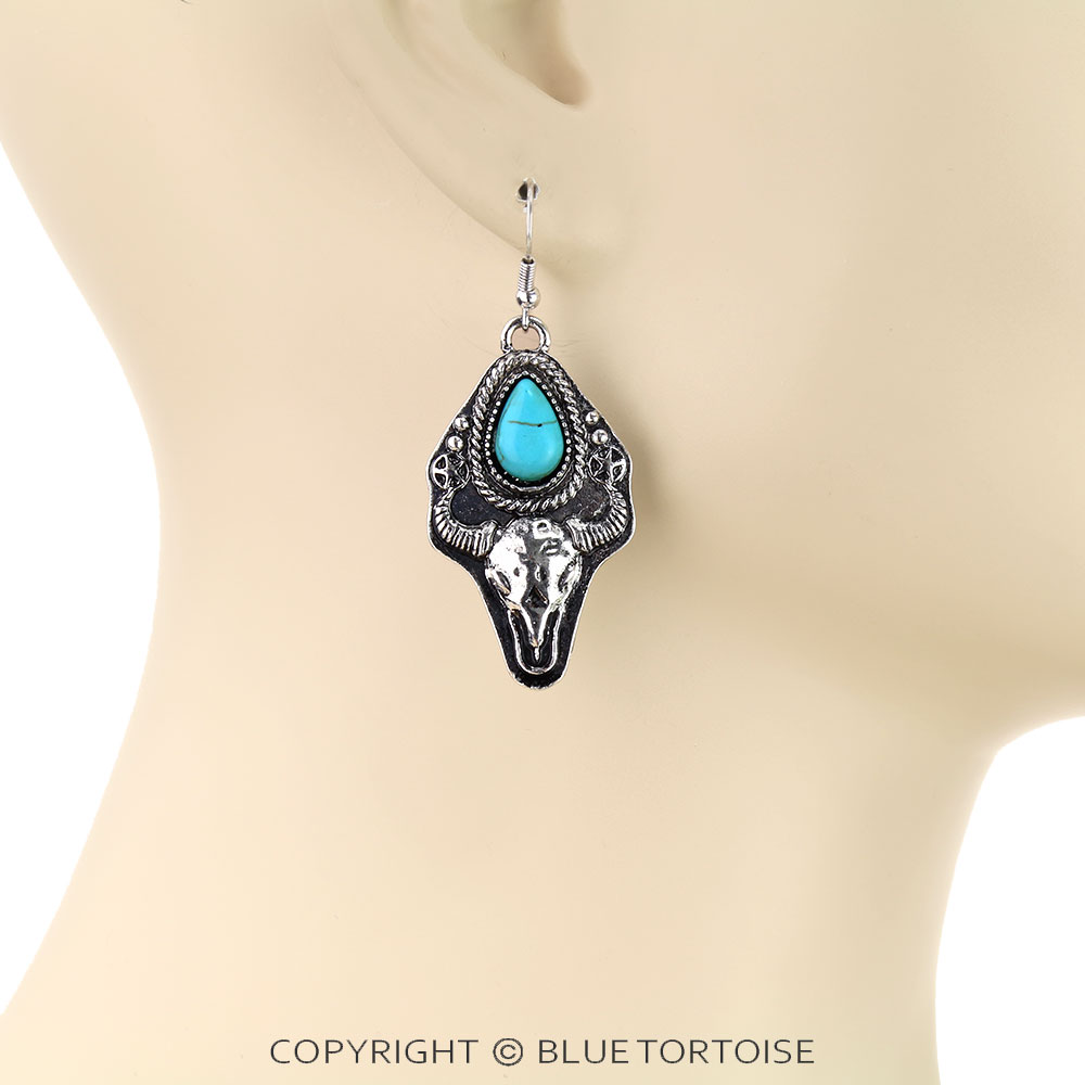 Western Steer Skull Stone Dangle Earrings - Image 2