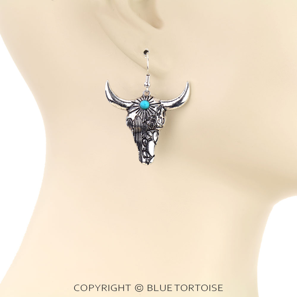 Western Steer Skull Stone Dangle Earrings - Image 2