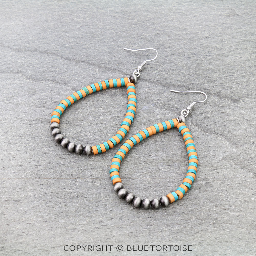 Navajo Style Pearl & Bead Teardrop Dangle Earrings