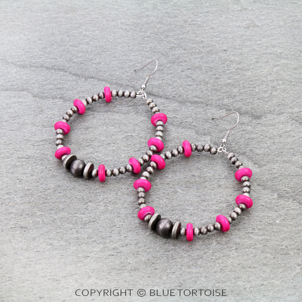 Navajo Style Pearl & Bead Round Dangle Earrings