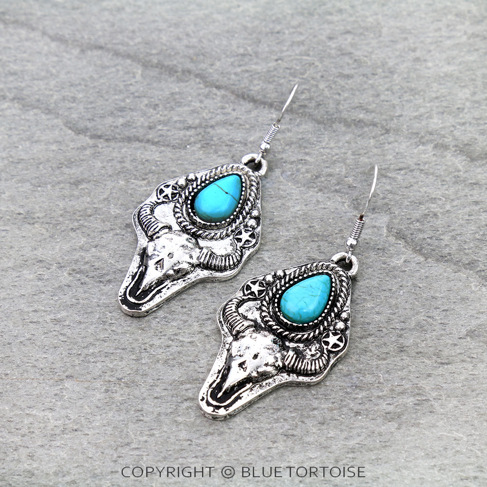 Western Steer Skull Stone Dangle Earrings