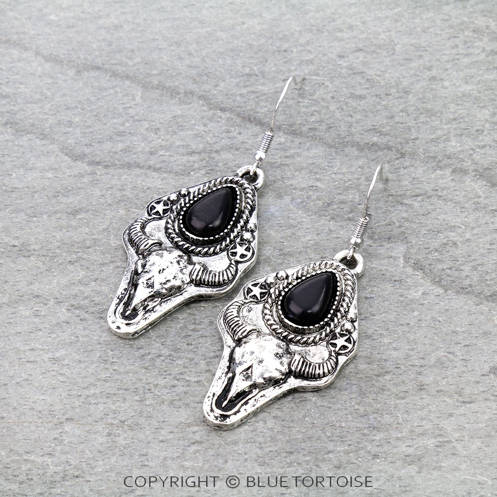 Western Steer Skull Stone Dangle Earrings