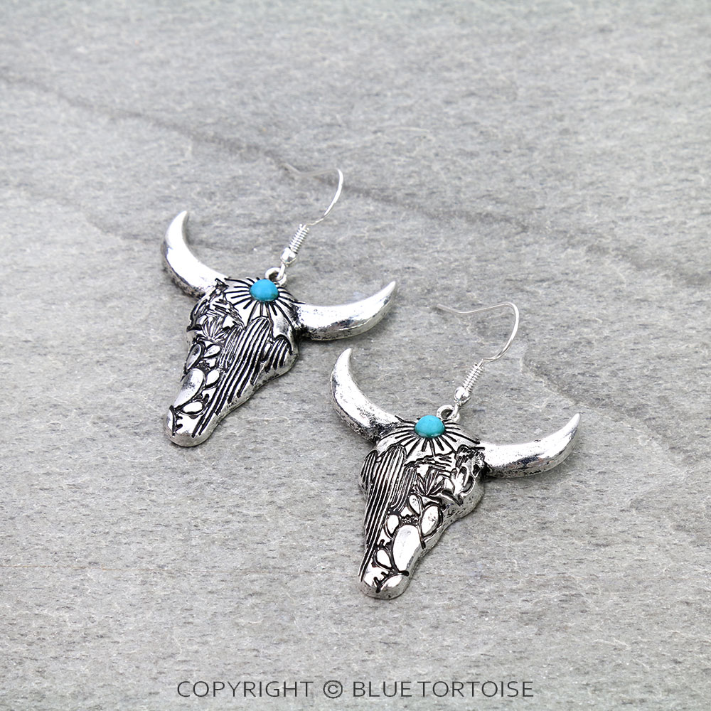 Western Steer Skull Stone Dangle Earrings