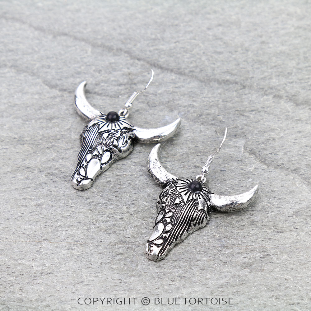 Western Steer Skull Stone Dangle Earrings