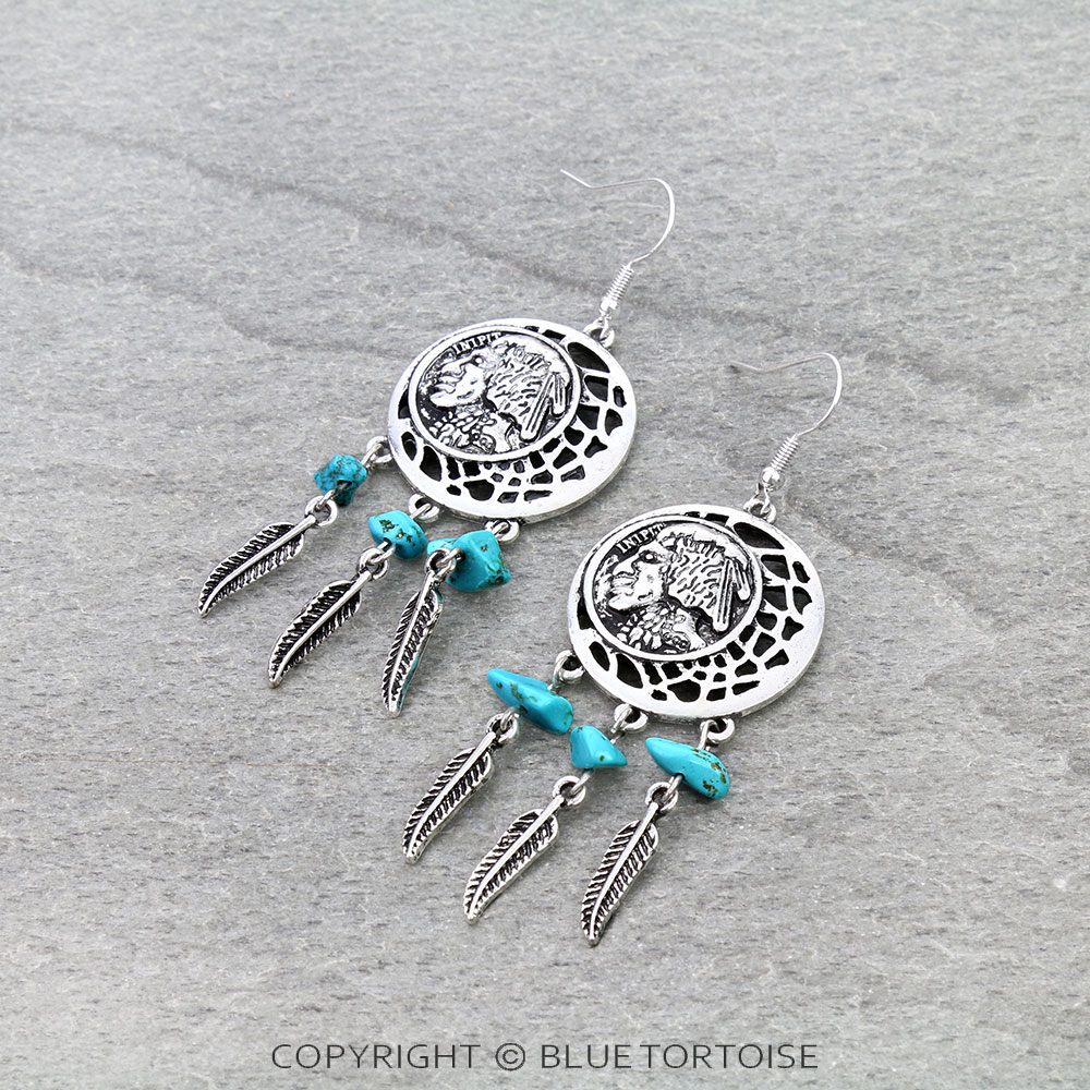 Western Indian Head Coin Dream Catcher Dangle Earrings