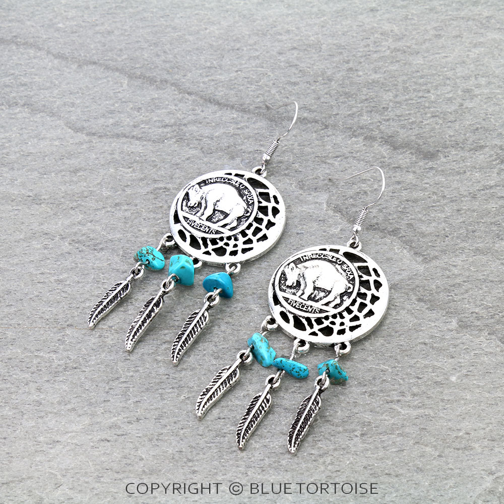 Western Buffalo Coin Dream Catcher Dangle Earrings
