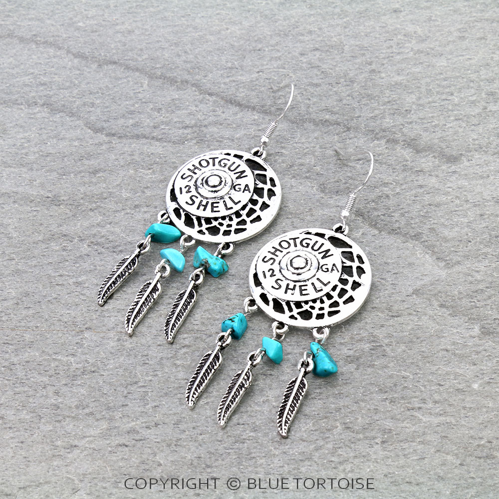 Western Shotgun Shell Coin Dream Catcher Dangle Earrings