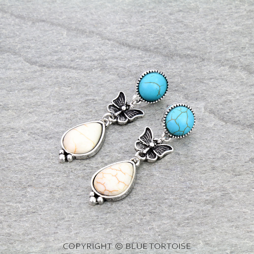 Western Geometric Shape Stone with Butterfly Stud Earrings