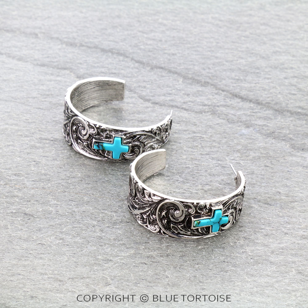 Western Cross Stone Filigree Hoop Earrings