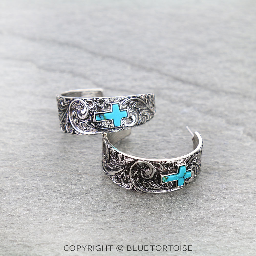 Western Cross Stone Filigree Hoop Earrings - Image 3