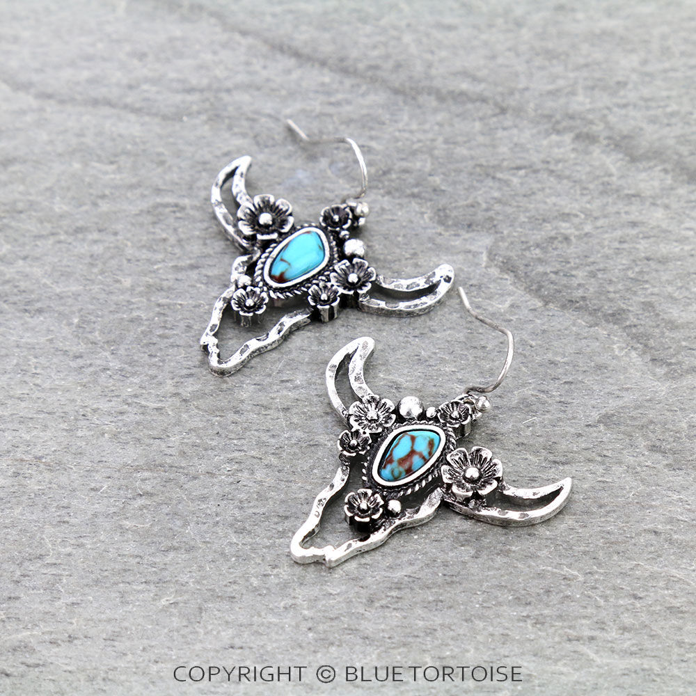 Western Flower Steer Head Dangle Earrings
