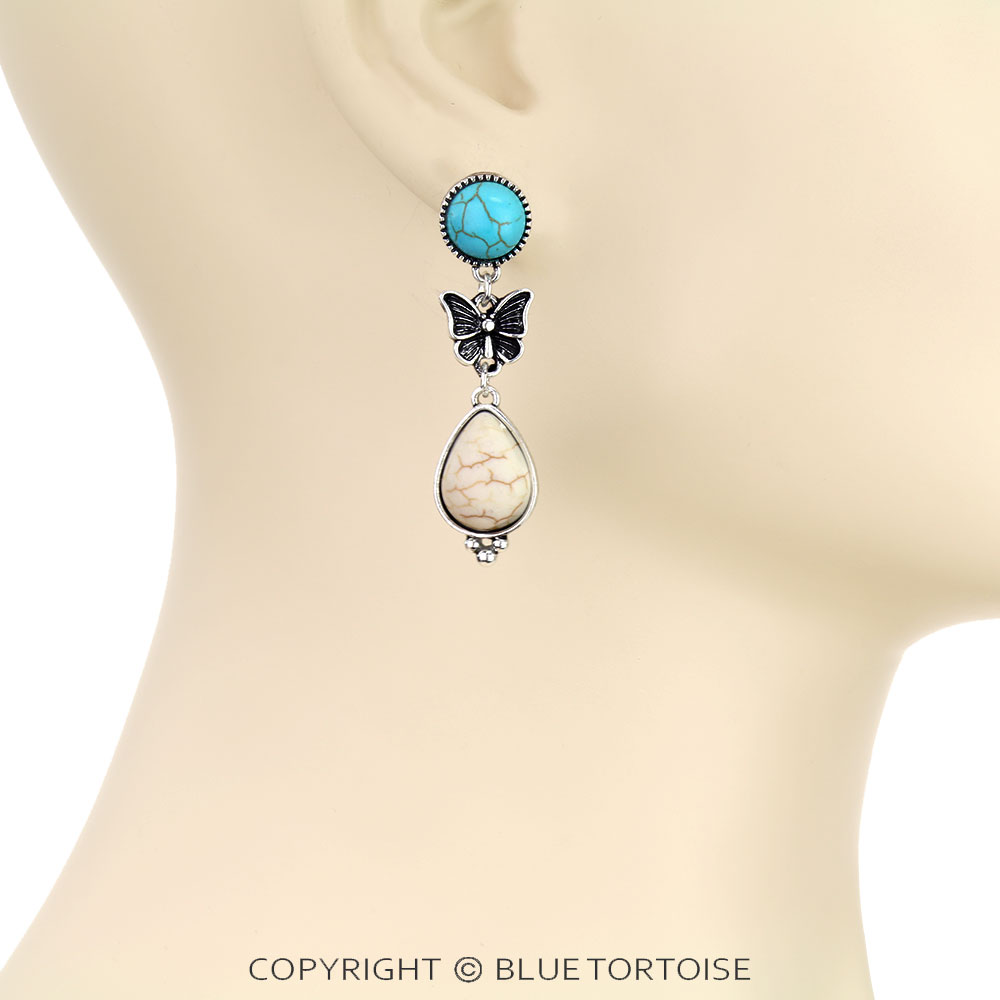 Western Geometric Shape Stone with Butterfly Stud Earrings - Image 2