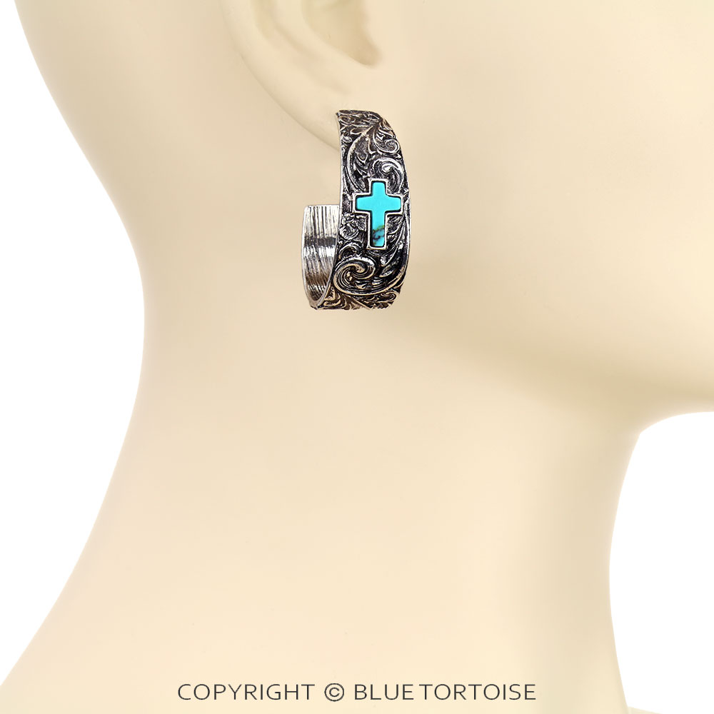 Western Cross Stone Filigree Hoop Earrings - Image 2