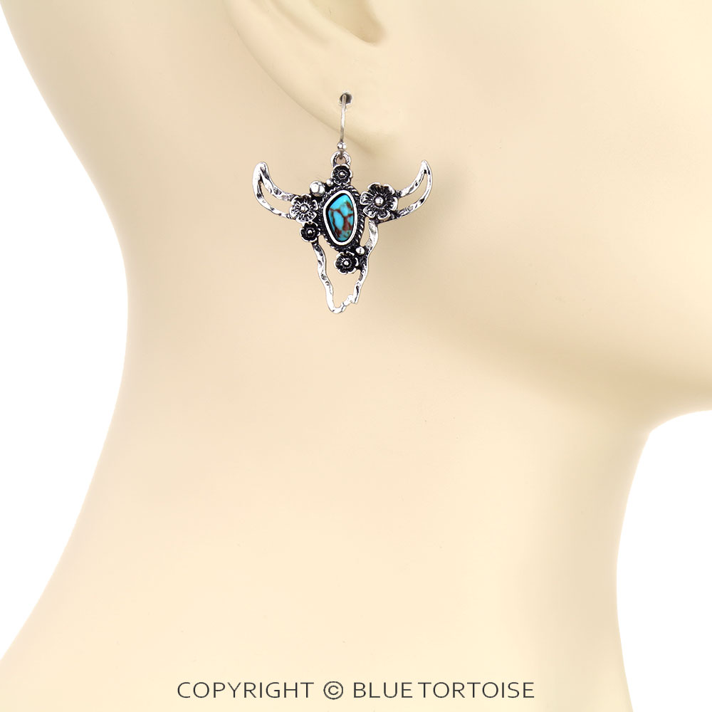 Western Flower Steer Head Dangle Earrings - Image 2