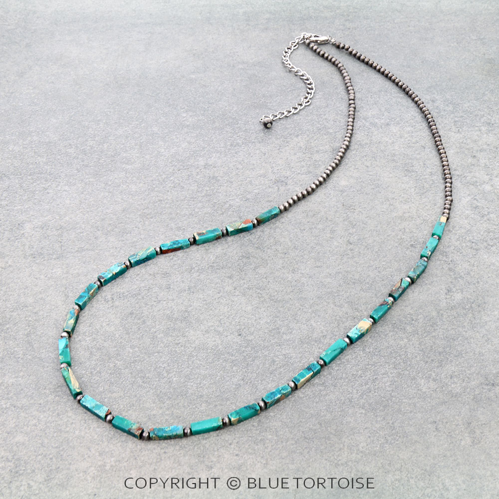 30" Long, Navajo Style Pearl & Rectangle Gemstone Necklace