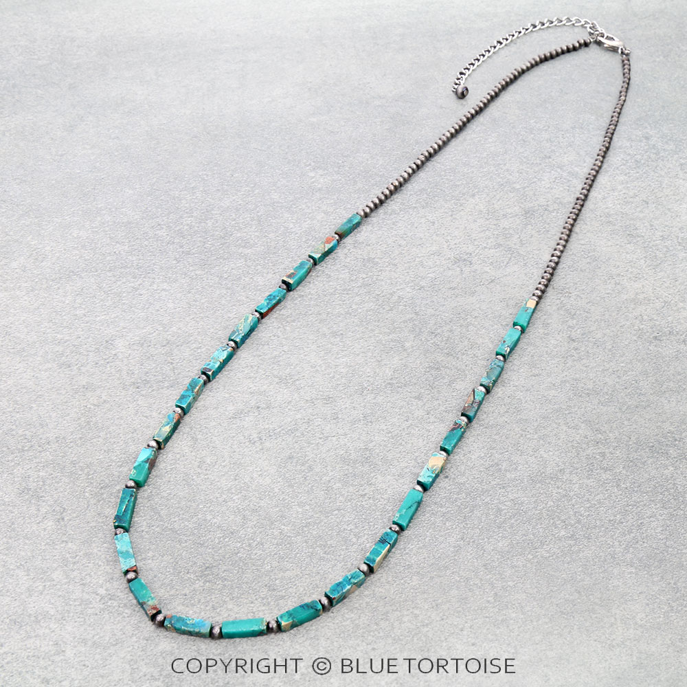 30" Long, Navajo Style Pearl & Rectangle Gemstone Necklace - Image 3