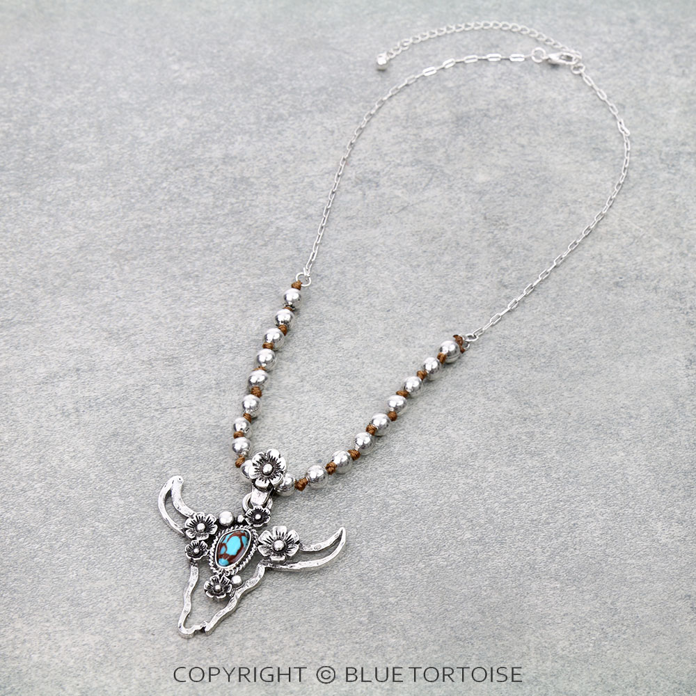 Western Flower Steer Head Pendant Necklace