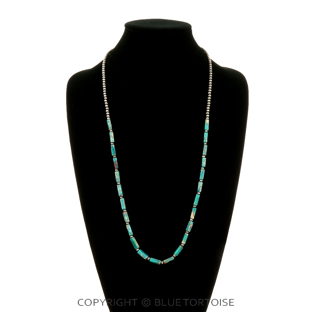 30" Long, Navajo Style Pearl & Rectangle Gemstone Necklace - Image 2