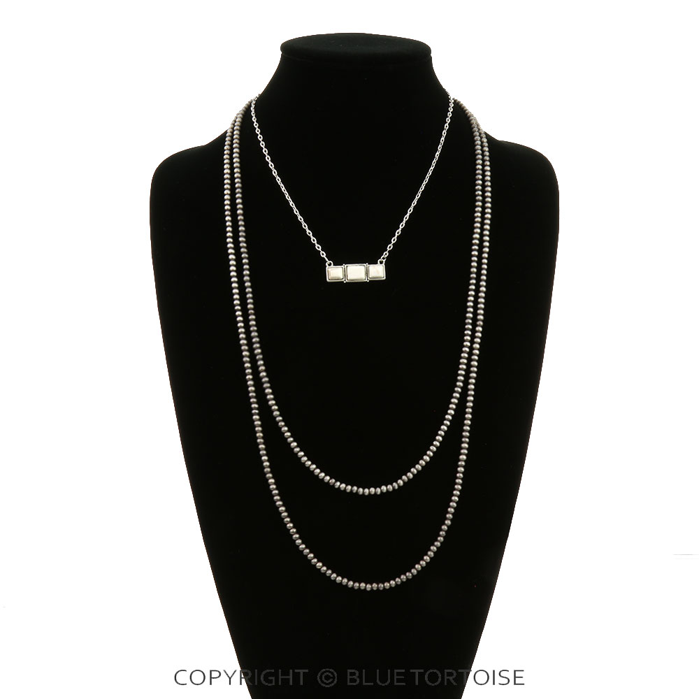 30" Long, Multi-strand Necklace, Bar White Natural Stone Pendant - Image 2