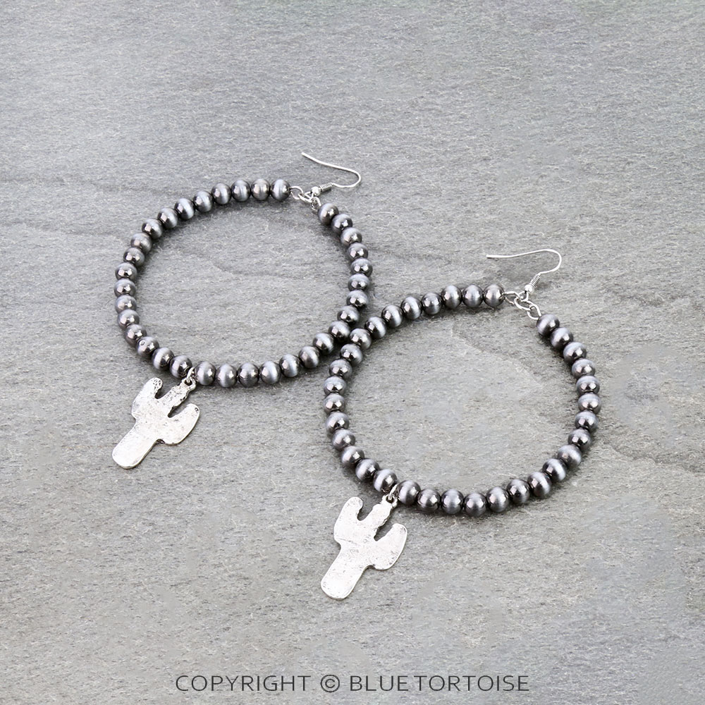 Navajo Style Pearl with Cactus Dangle Earrings