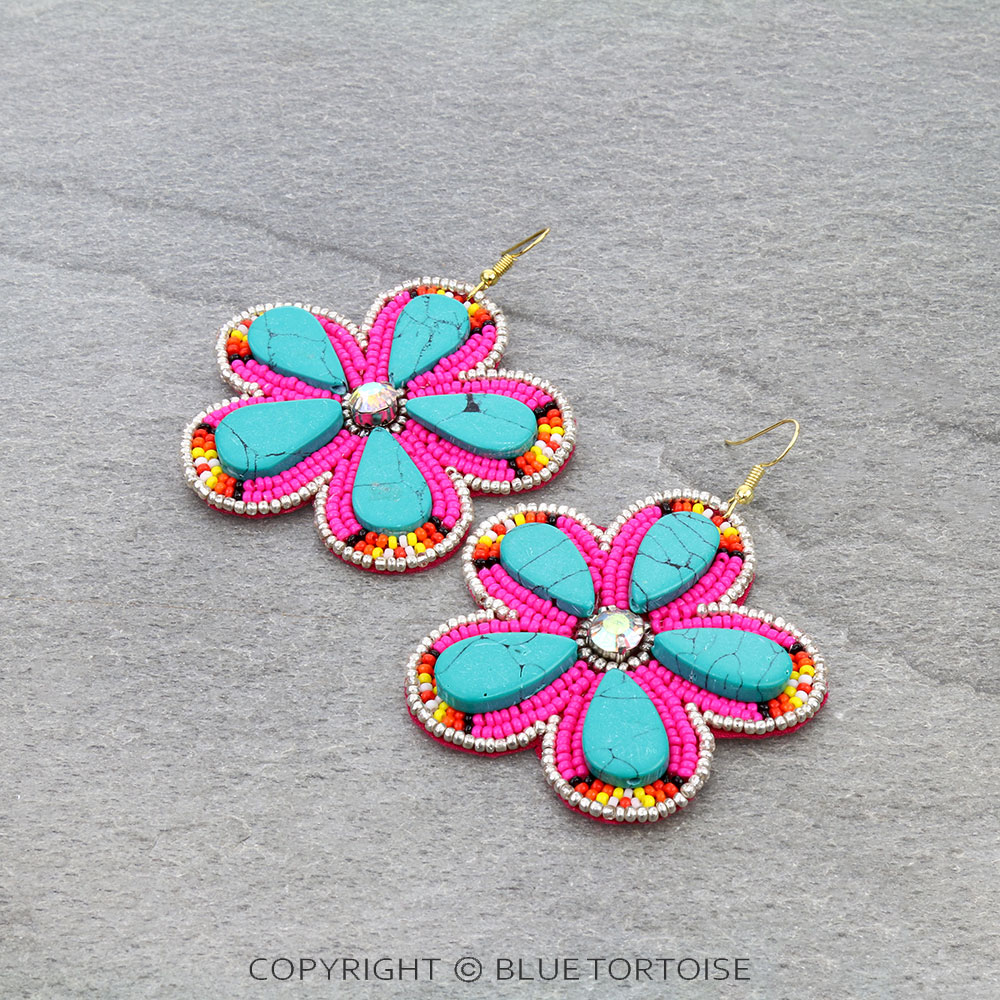 Western Flower Seed Bead Stone Dangle Earrings