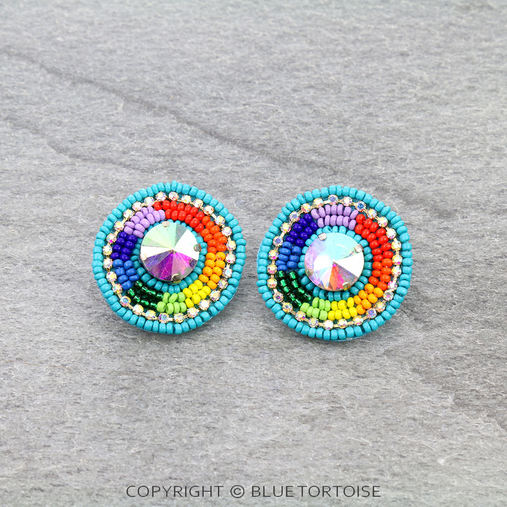 Western Round Seed Bead Stone Stud Earrings