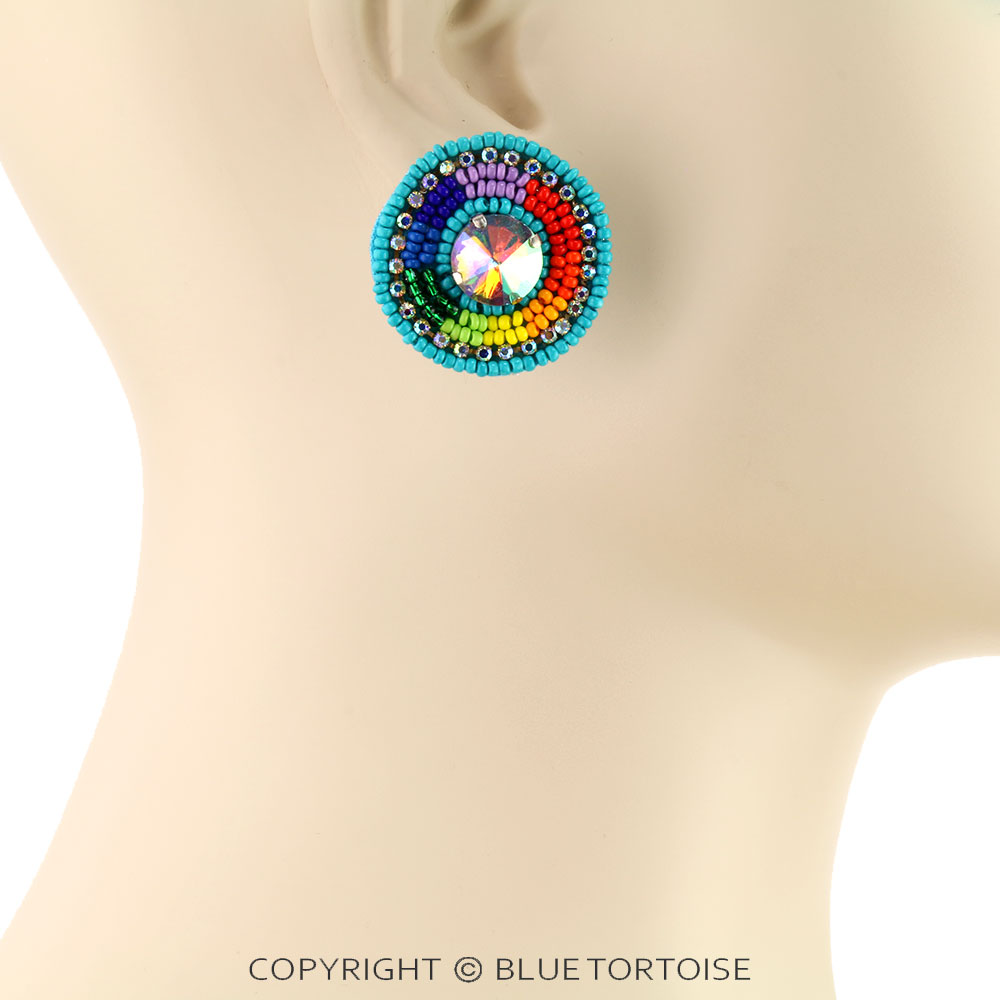 Western Round Seed Bead Stone Stud Earrings - Image 2