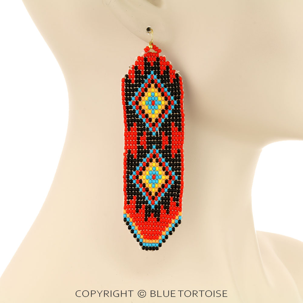 Western Aztec Pattern Seed Bead Dangle Earrings - Image 2