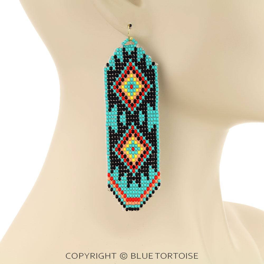 Western Aztec Pattern Seed Bead Dangle Earrings - Image 2