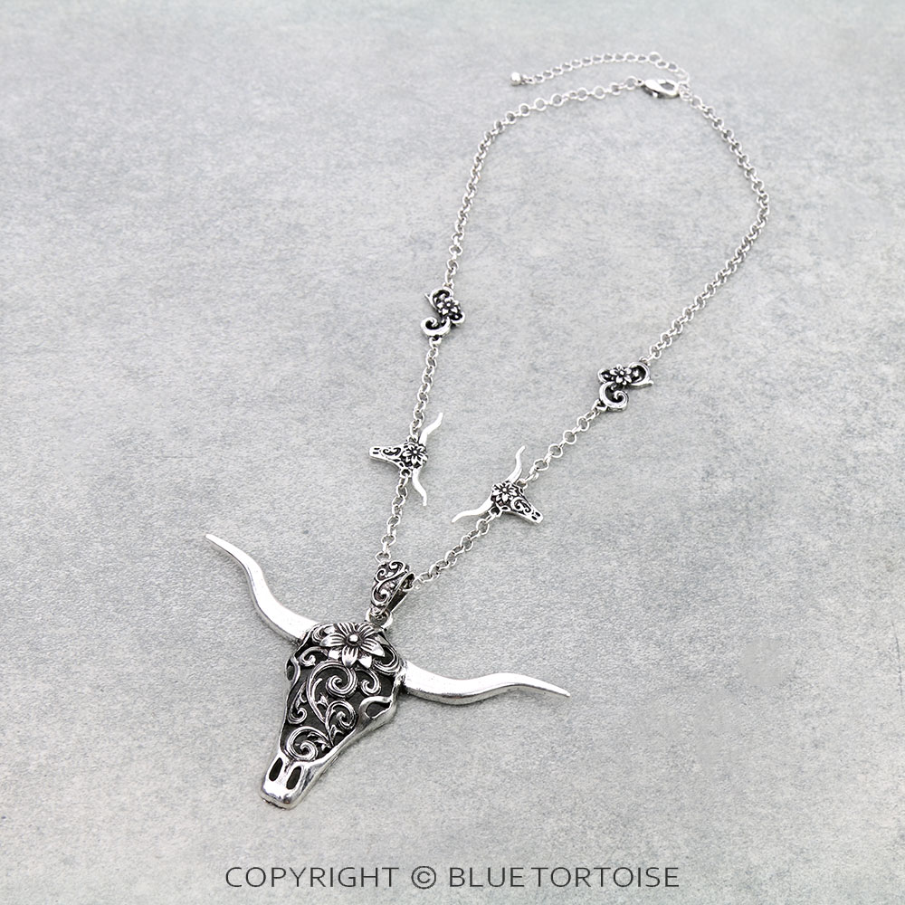Western Filigree Steer Skull Pendant Necklace