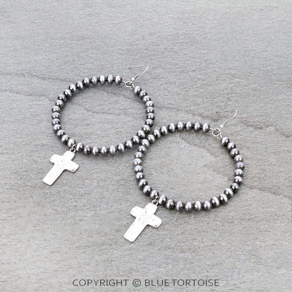 Navajo Style Pearl with Cross Dangle Earrings