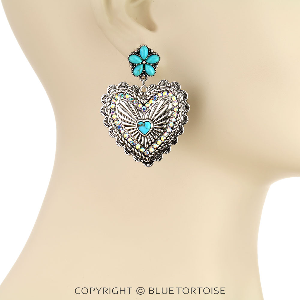 Western Heart Shape Concho Stone Stud Earrings - Image 2