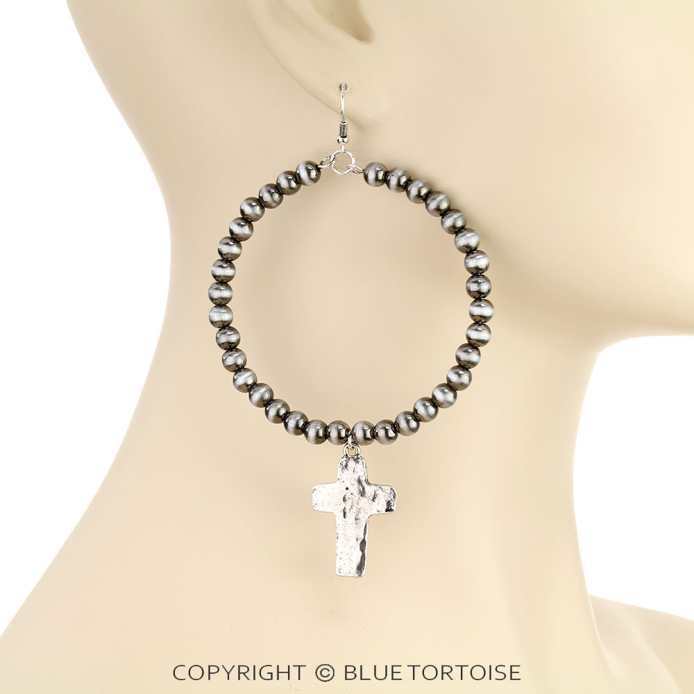 Navajo Style Pearl with Cross Dangle Earrings - Image 2
