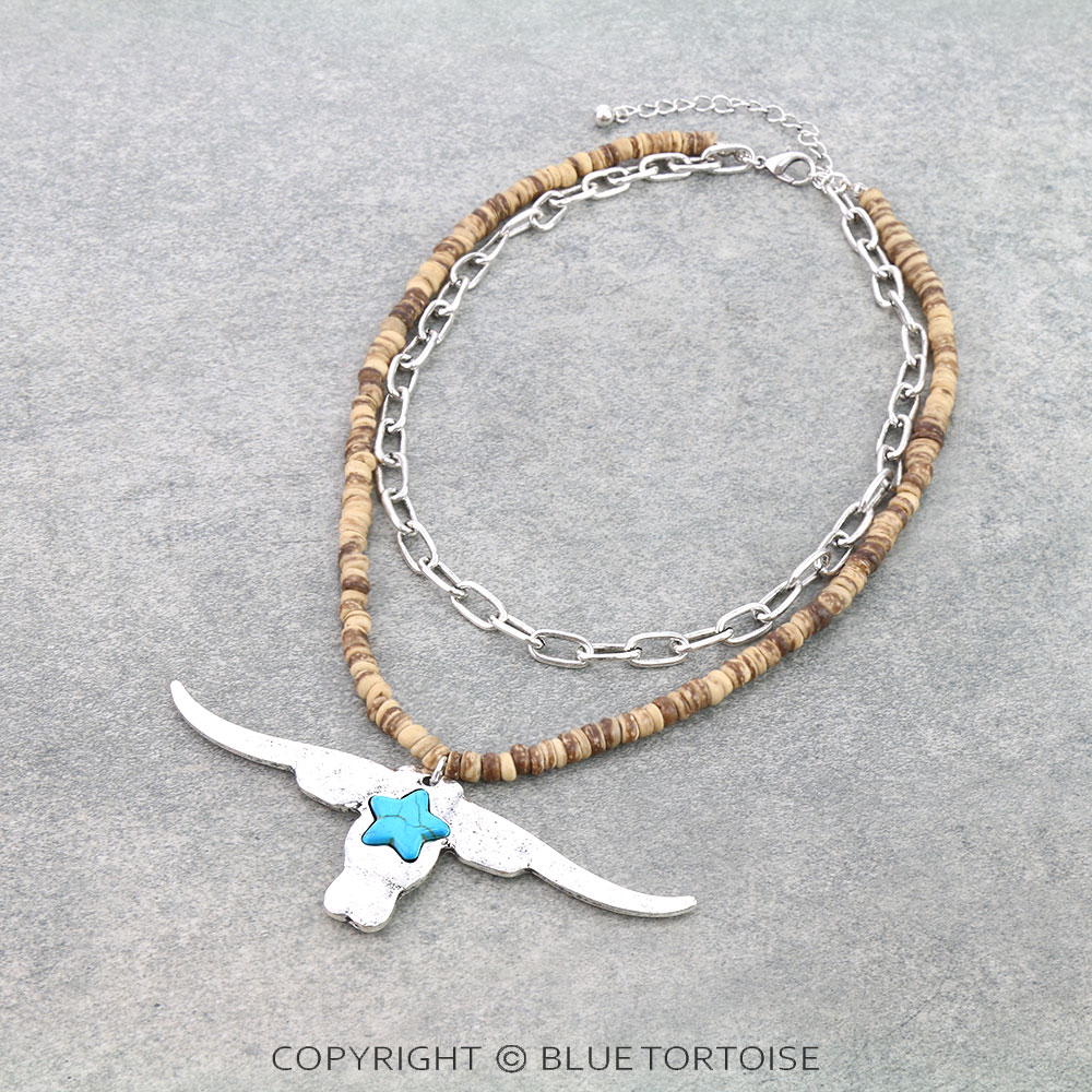 2 Layered Steer Cow Star Stone Pendant Necklace