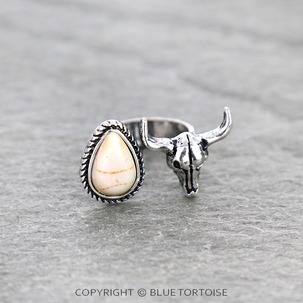 Western Steer Skull Stone Cuff Ring