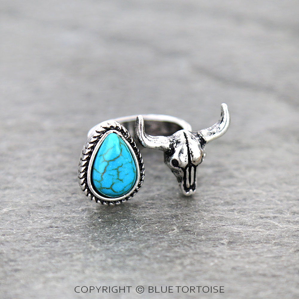 Western Steer Skull Stone Cuff Ring