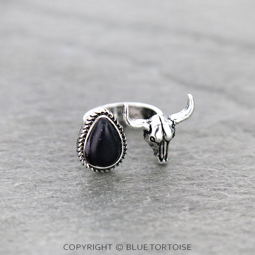 Western Steer Skull Stone Cuff Ring