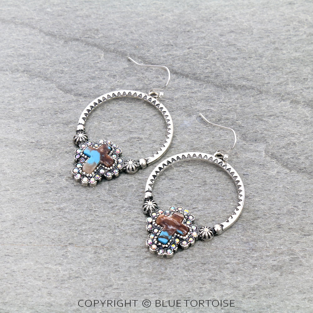 Western Cross Hand Stone Hoop Dangle Earrings