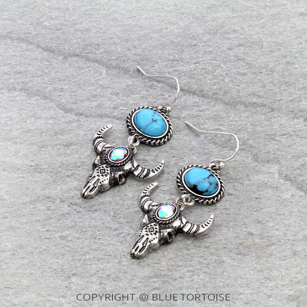 Western Steer Skull Stone Dangle Earrings