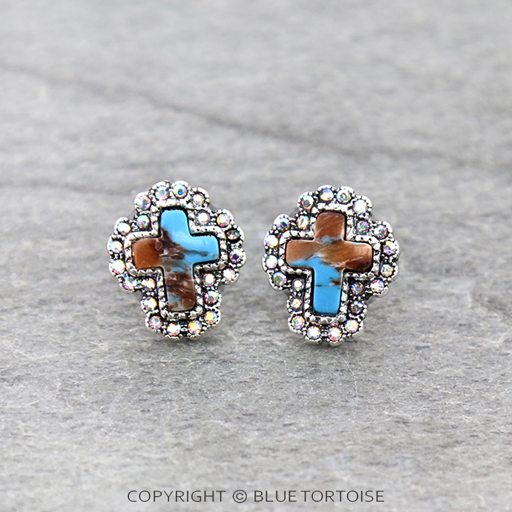 Western Cross Hand Stone Stud Earrings