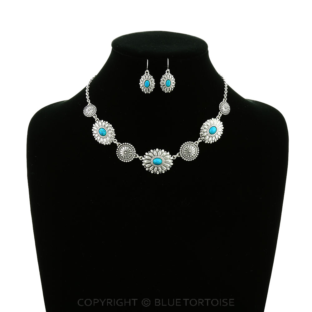 Western Concho Stone Statement Necklace Set - Image 2