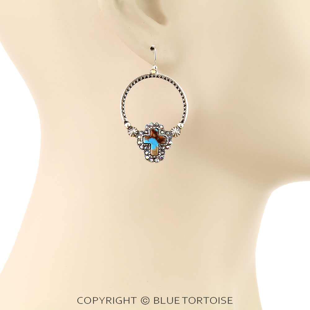 Western Cross Hand Stone Hoop Dangle Earrings - Image 2