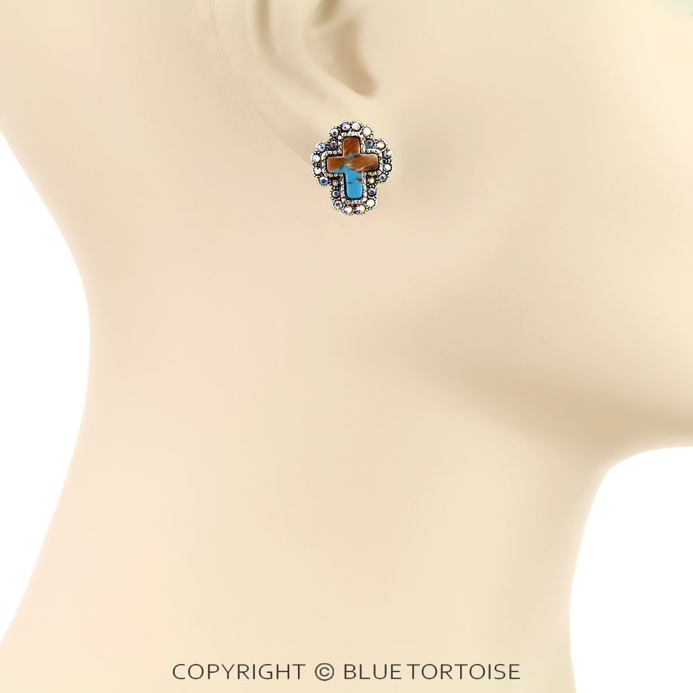 Western Cross Hand Stone Stud Earrings - Image 2