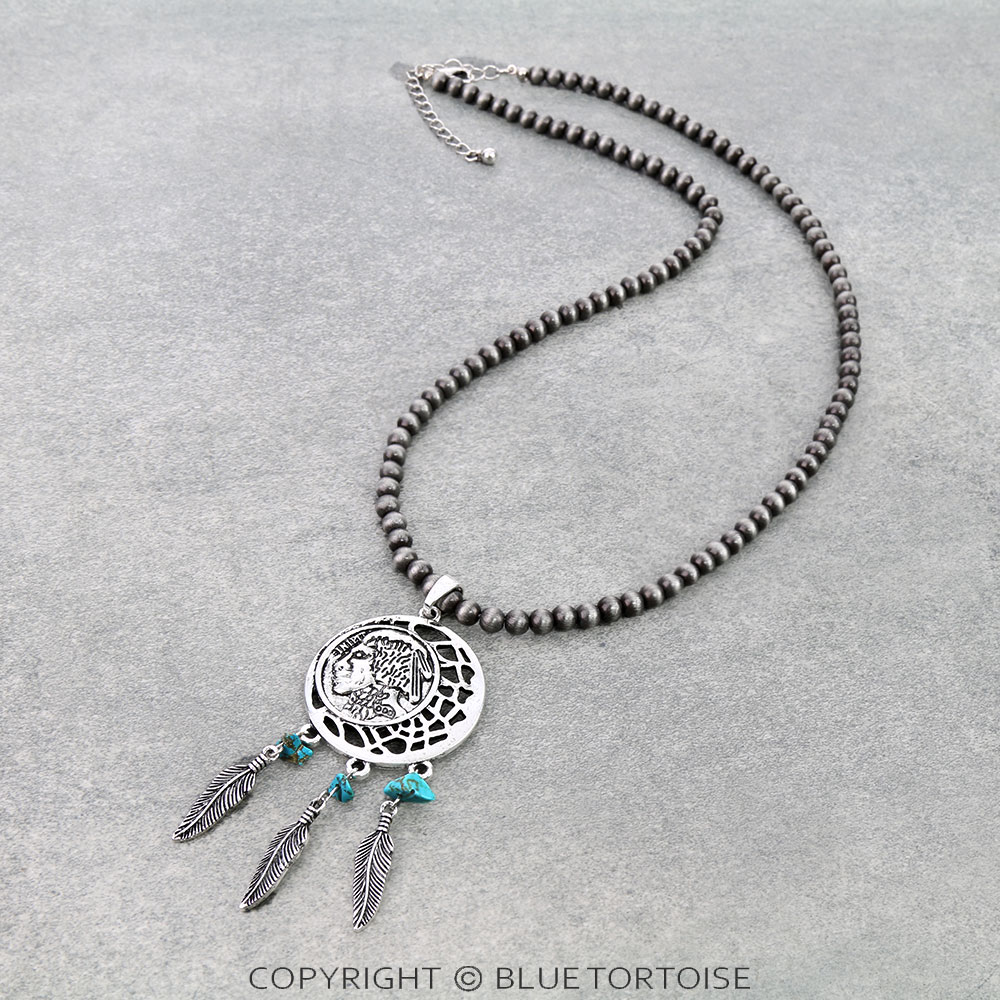 Western Indian Head Coin Dream Catcher Pendant Necklace