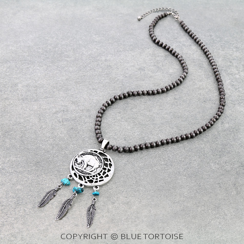 Western Buffalo Coin Dream Catcher Pendant Necklace